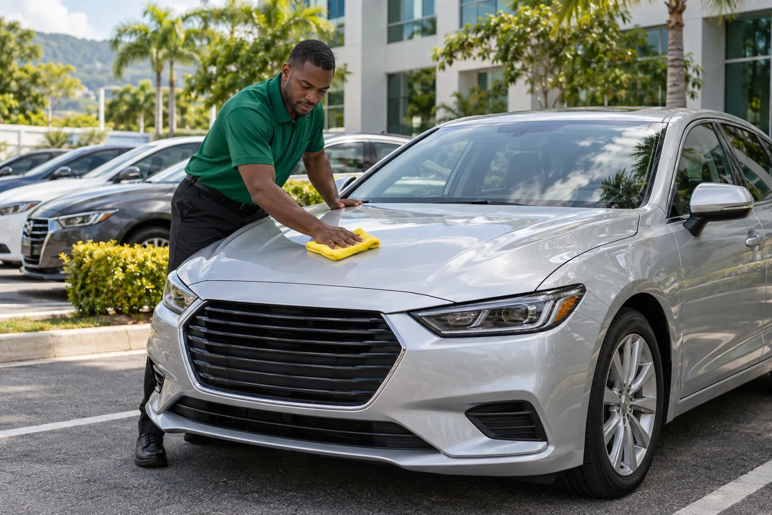 Illustrative scene of a vehicle-care professional wiping a silver corporate vehicle at an office campus